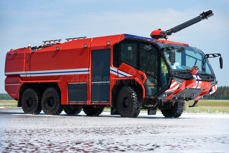 Fire truck extinguishes fire at the airport