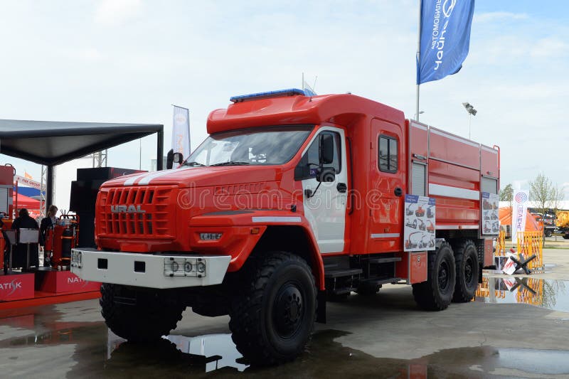 A fire truck on the URAL-5557 chassis in the Military-patriotic Park of Culture and Recreation `Patriot`. Kubinka. Moscow oblast