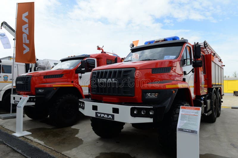 Fire trucks on the URAL-5557 chassis in the Military-patriotic Park of Culture and recreation `Patriot`. Kubinka. Moscow oblast