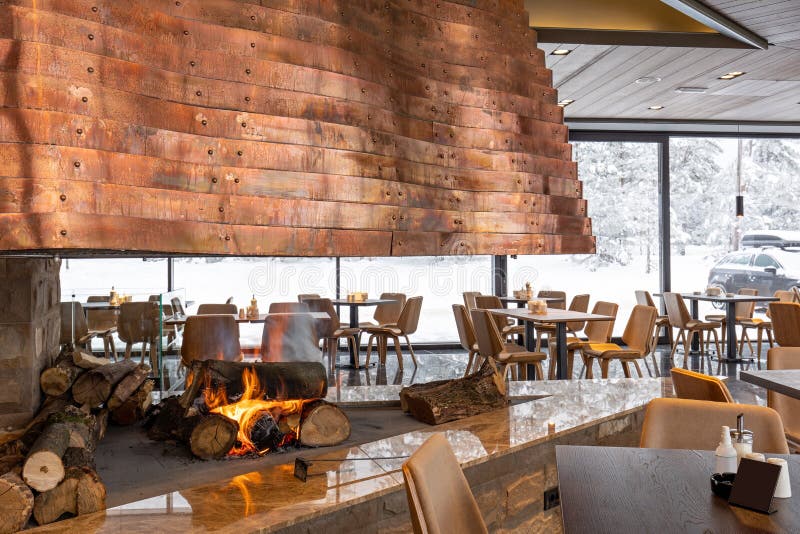 Fire, Wood Logs, Burning in the Fireplace in Mountain Restaurant Stock Image Image of burning