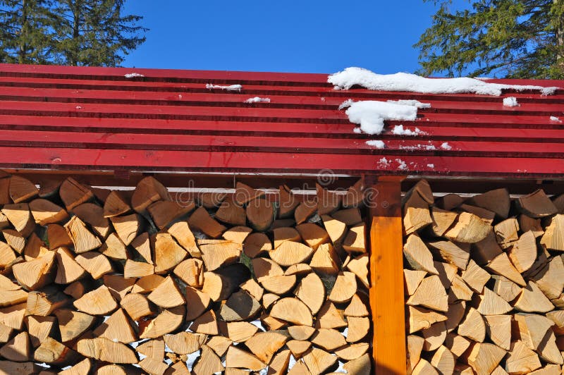 Fire wood under a canopy.