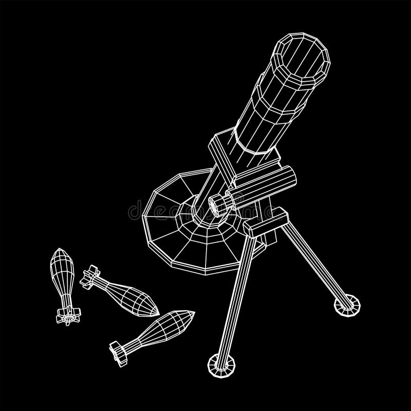 Firearm weapon army mortar and mine. Wireframe low poly stock illustration