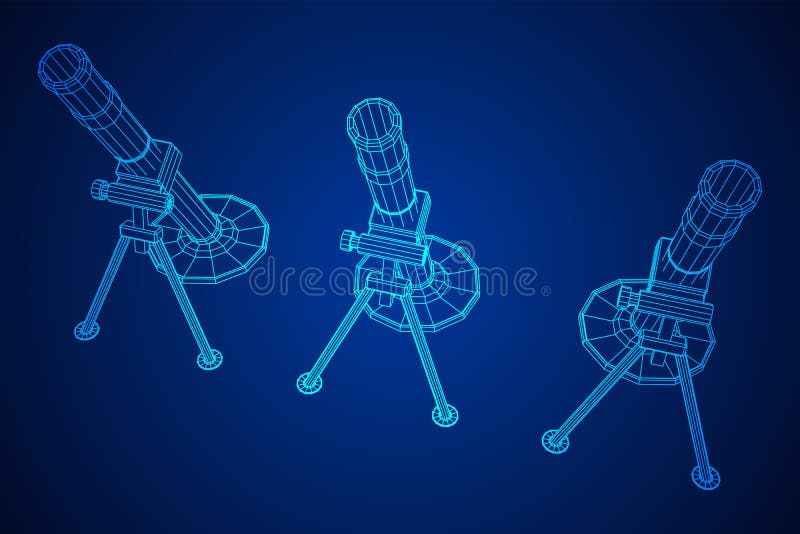 Firearm weapon army mortar and mine. Wireframe low poly stock illustration