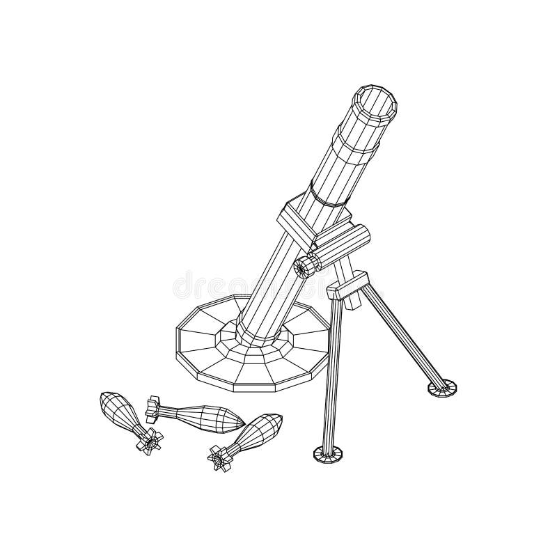 Firearm weapon army mortar and mine. Wireframe low poly vector illustration