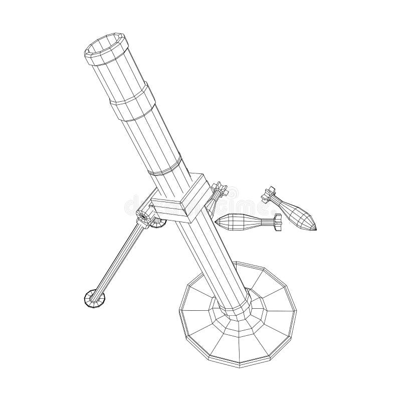 Firearm weapon army mortar and mine. Wireframe low poly stock illustration