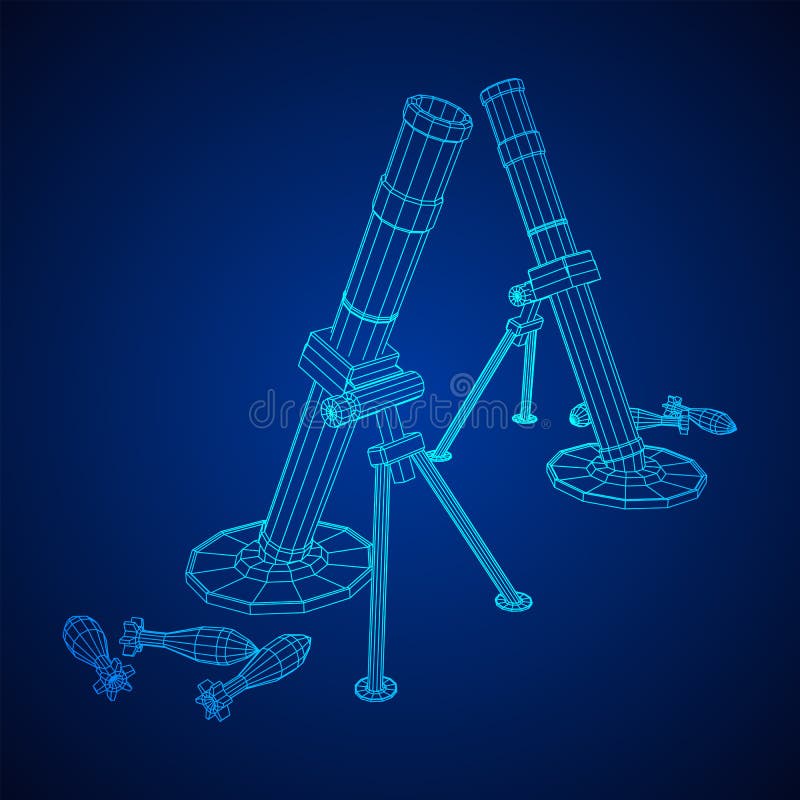 Firearm weapon army mortar and mine. Wireframe low poly vector illustration