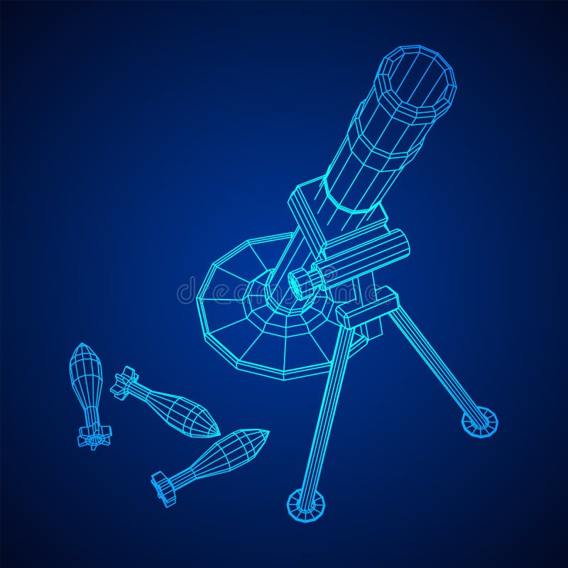 Firearm weapon army mortar and mine. Wireframe low poly stock illustration