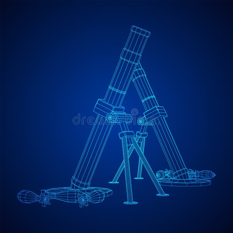 Firearm weapon army mortar and mine. Wireframe low poly vector illustration
