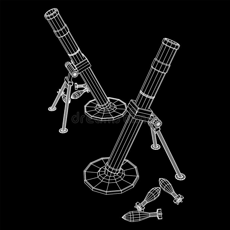 Firearm weapon army mortar and mine. Wireframe low poly royalty free illustration