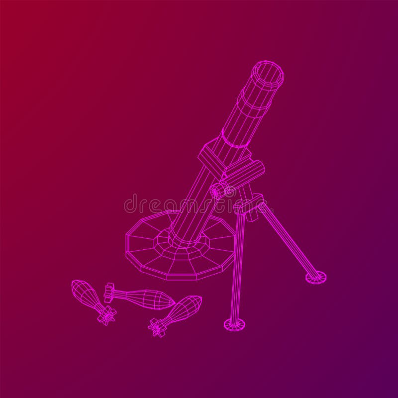 Firearm weapon army mortar and mine. Wireframe low poly vector illustration