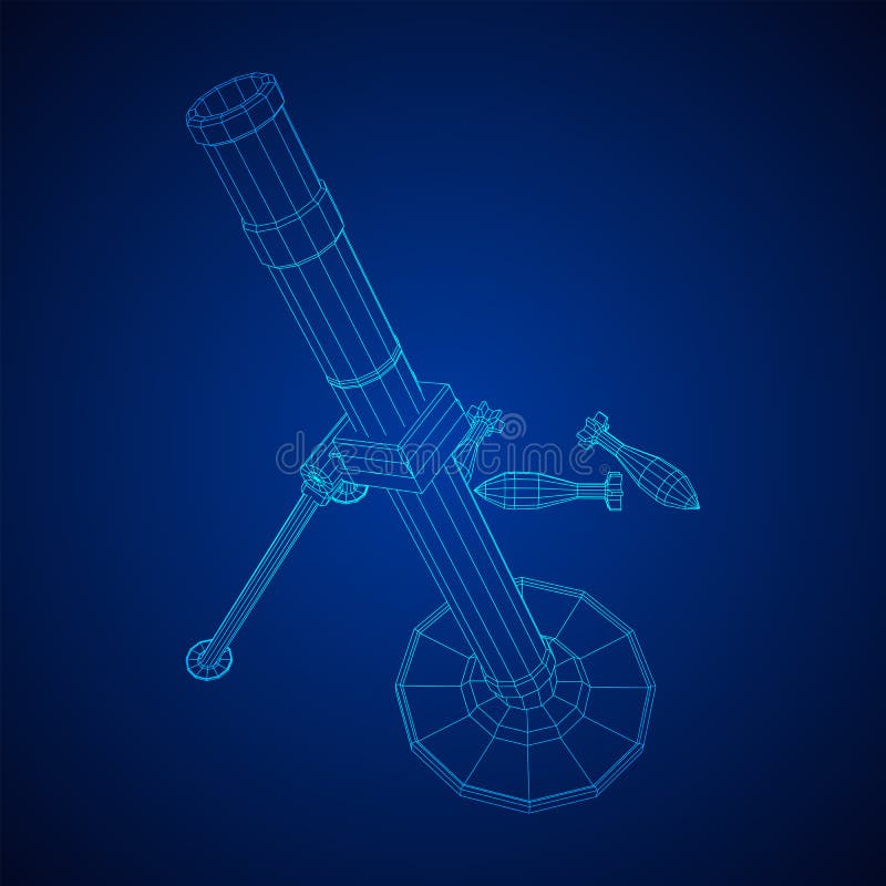 Firearm weapon army mortar and mine. Wireframe low poly stock illustration