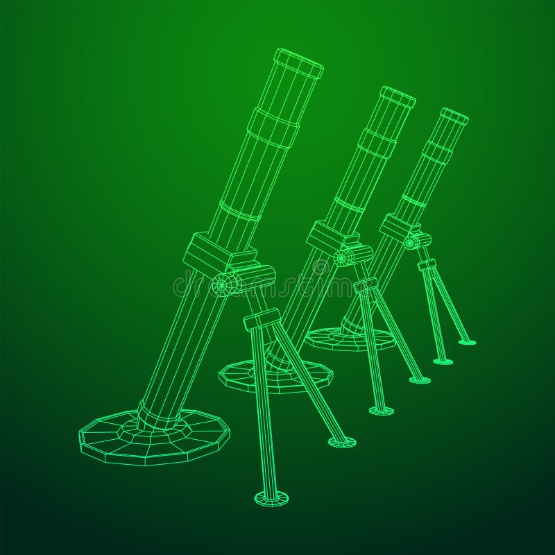 Firearm weapon army mortar and mine. Wireframe low poly stock illustration