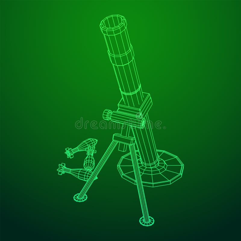 Firearm weapon army mortar and mine. Wireframe low poly stock illustration
