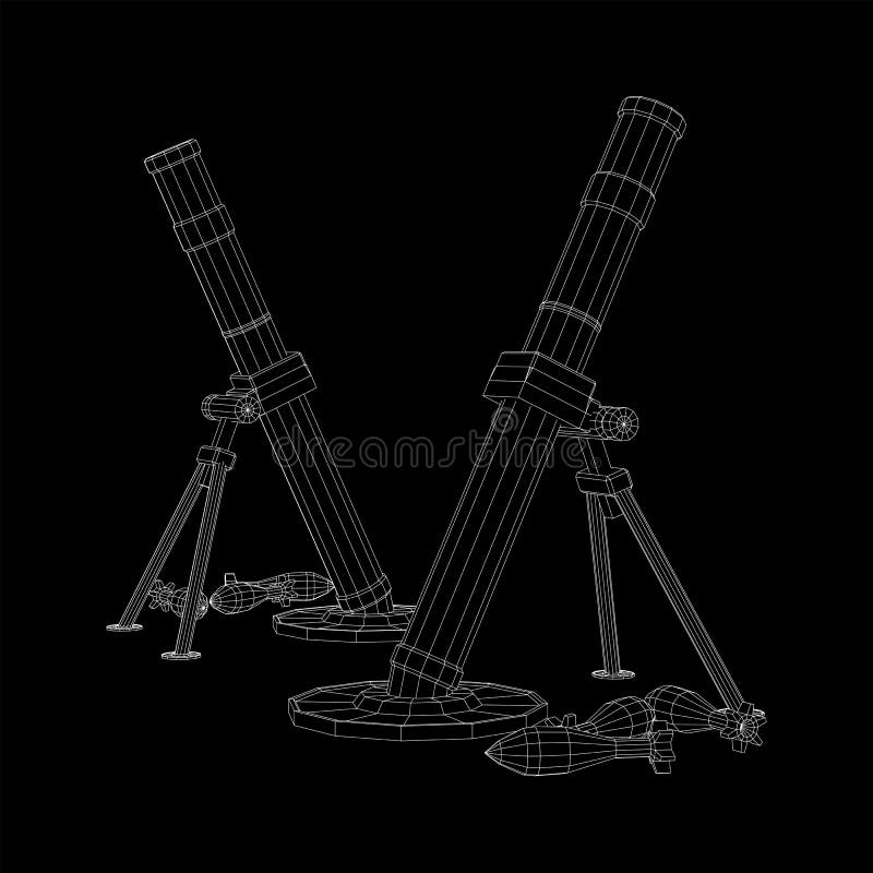 Firearm weapon army mortar and mine. Wireframe low poly stock illustration