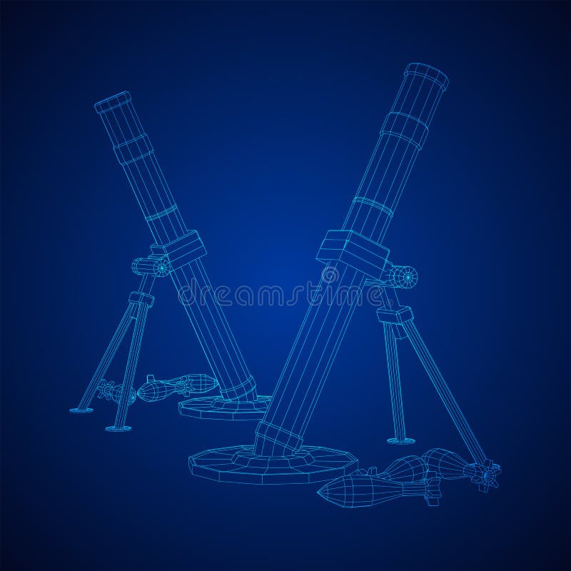 Firearm weapon army mortar and mine. Wireframe low poly stock illustration