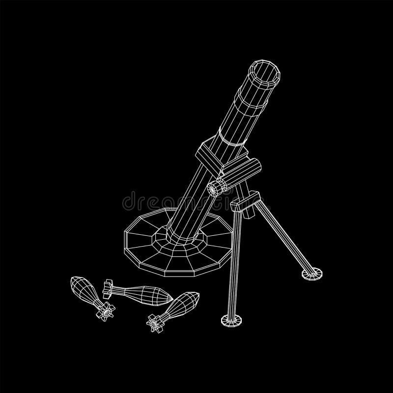 Firearm weapon army mortar and mine. Wireframe low poly stock illustration