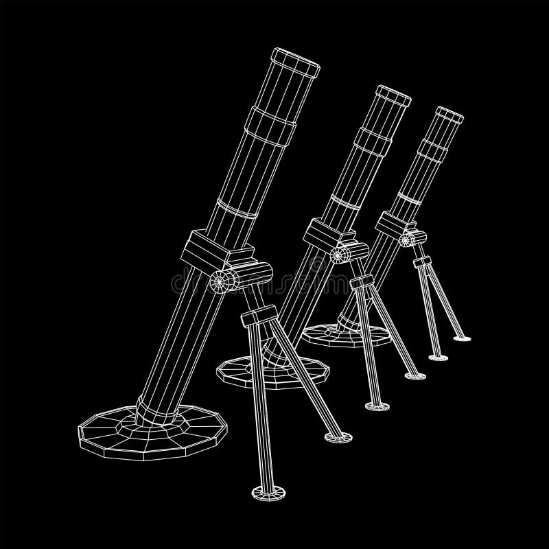 Firearm weapon army mortar and mine. Wireframe low poly stock illustration