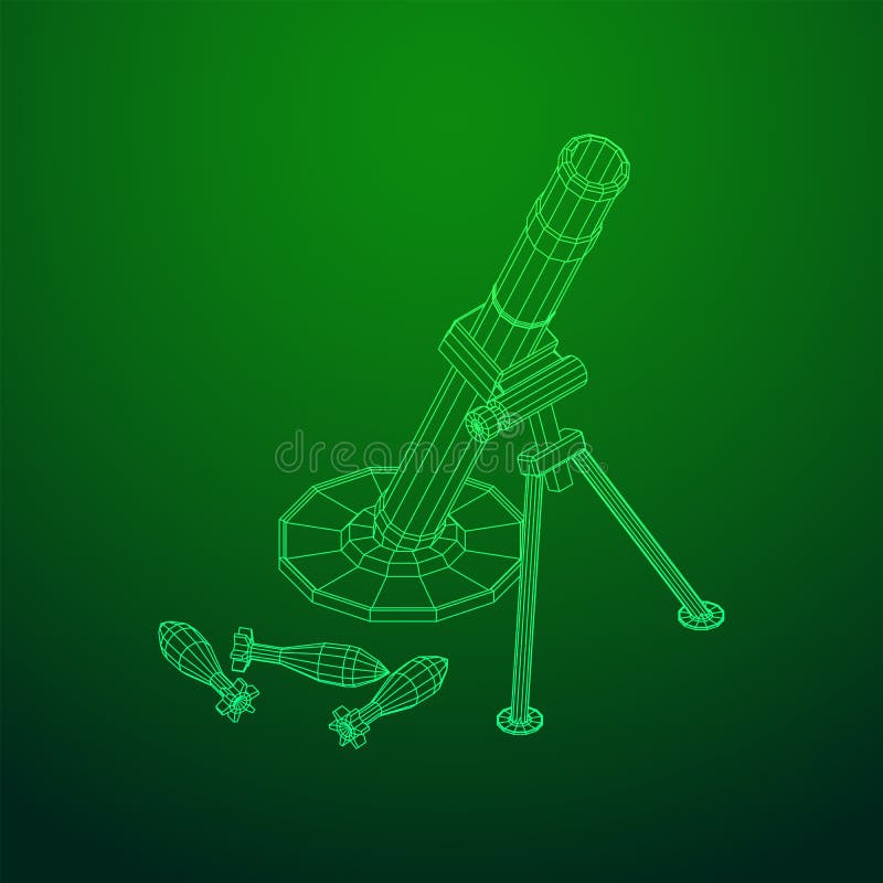 Firearm weapon army mortar and mine. Wireframe low poly stock illustration