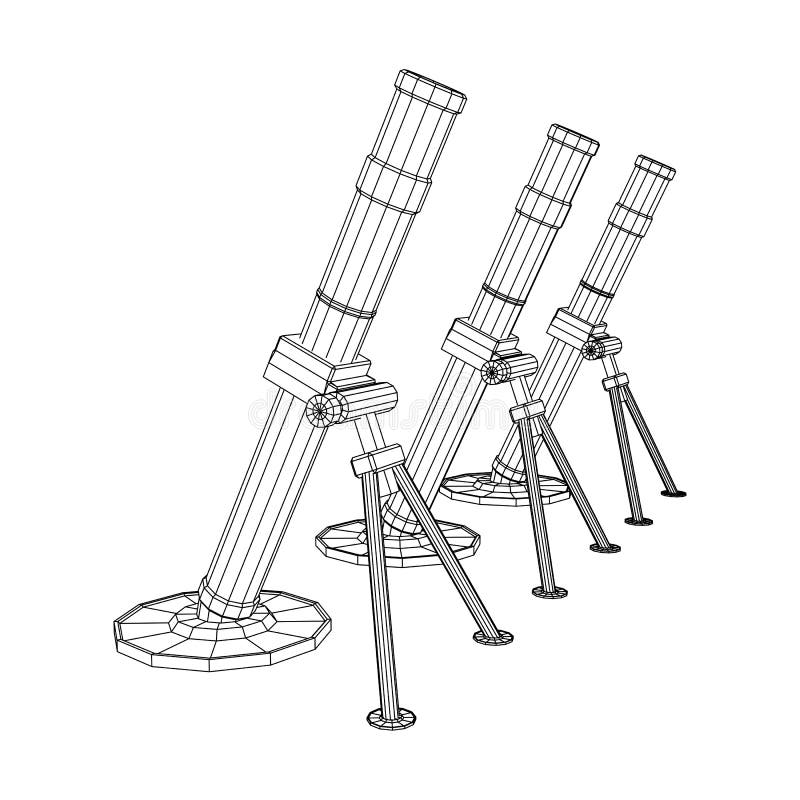 Firearm weapon army mortar and mine. Wireframe low poly royalty free illustration