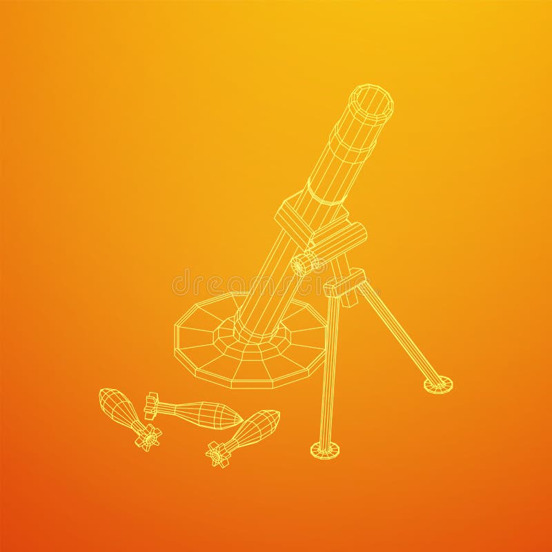 Firearm weapon army mortar and mine. Wireframe low poly stock illustration
