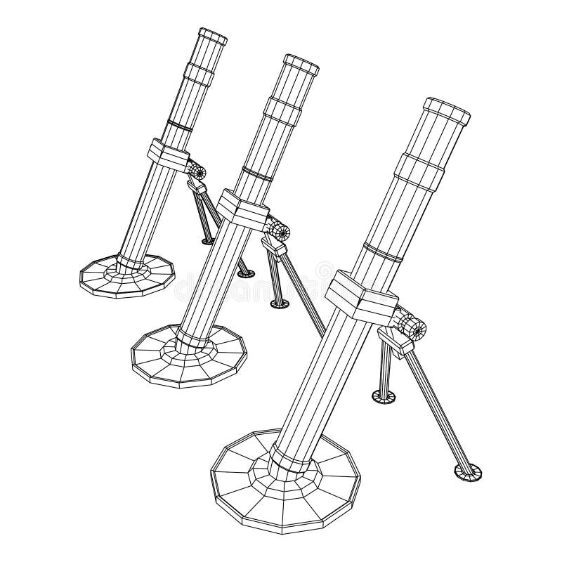 Firearm weapon army mortar and mine. Wireframe low poly royalty free illustration