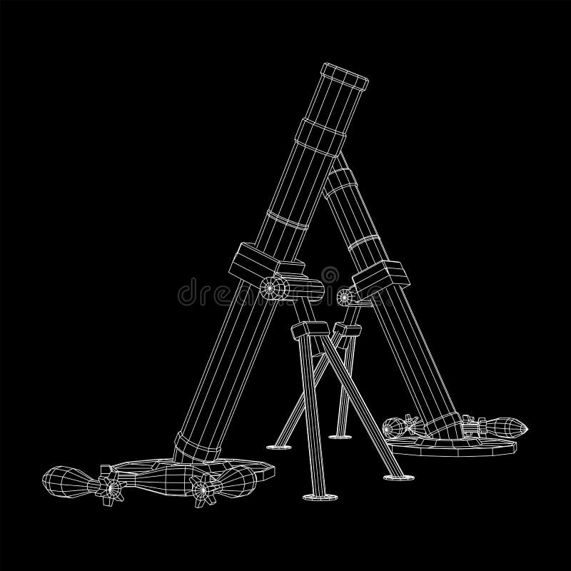 Firearm weapon army mortar and mine. Wireframe low poly vector illustration