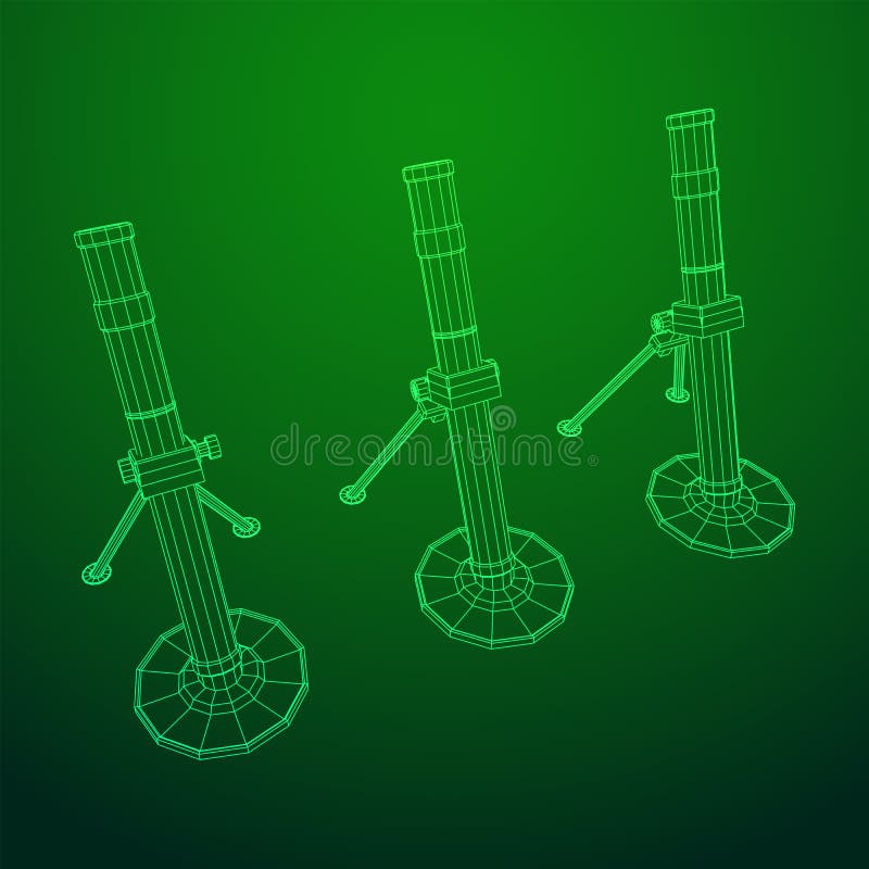 Firearm weapon army mortar and mine. Wireframe low poly stock illustration