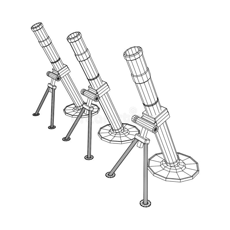 Firearm weapon army mortar and mine. Wireframe low poly royalty free illustration