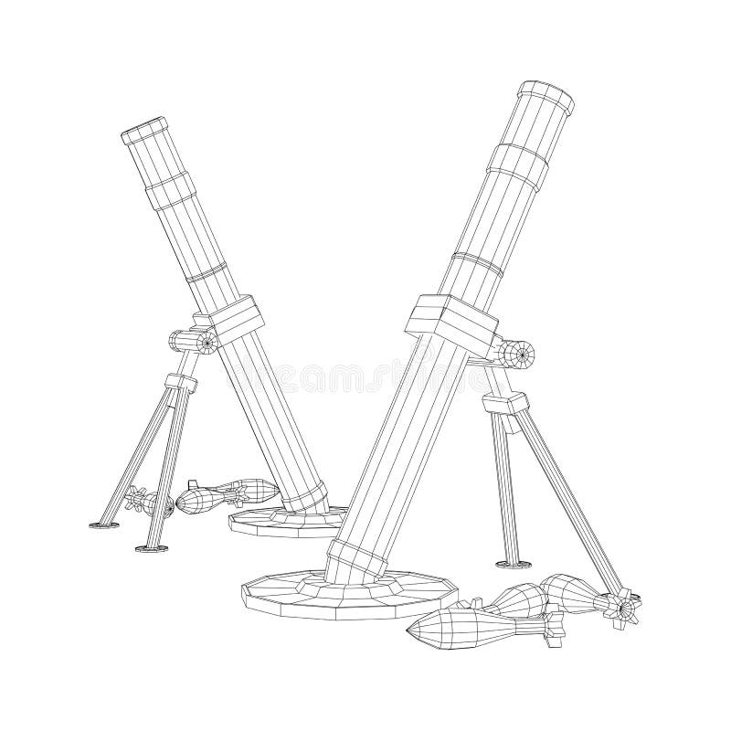 Firearm weapon army mortar and mine. Wireframe low poly stock illustration