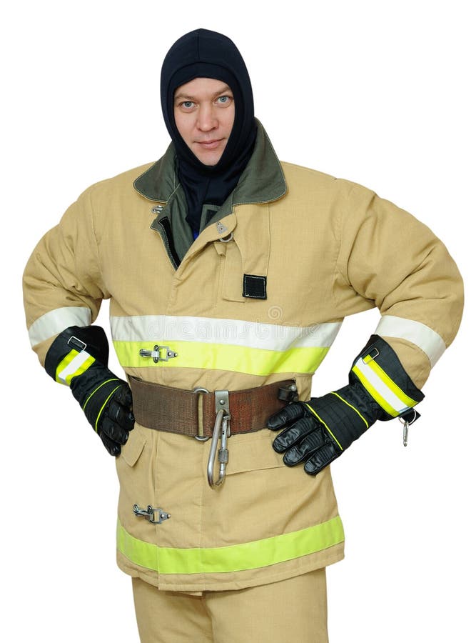 Firefighter stands arms akimbo. Isolated on white background