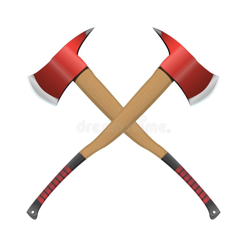 Firefighter crossed axe in realistic style. Red Hatchet. Red fire ax firefighter rescue equipment. Metal woodcutter with handle made of wood. Colorful vector illustration on a white background