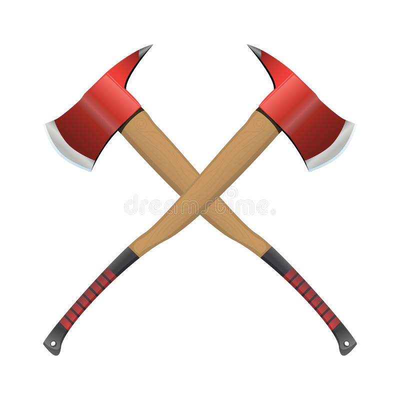 Firefighter crossed axe in realistic style. Red Hatchet. Red fire ax firefighter rescue equipment. Metal woodcutter with handle made of wood. Colorful illustration on a white background