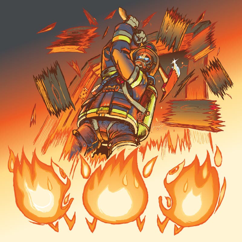 Ilustraciones de muy intimidante bombero tirar través de puerta hacha, mucho sobre el de tres infeliz diseno de pintura llamas.