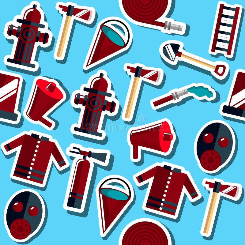 Color vector collage with firefighter equipment. Flat icon background. Helmet, helm, ax, hatchet, axe and other. Color vector collage with firefighter equipment. Flat icon background. Helmet, helm, ax, hatchet, axe and other