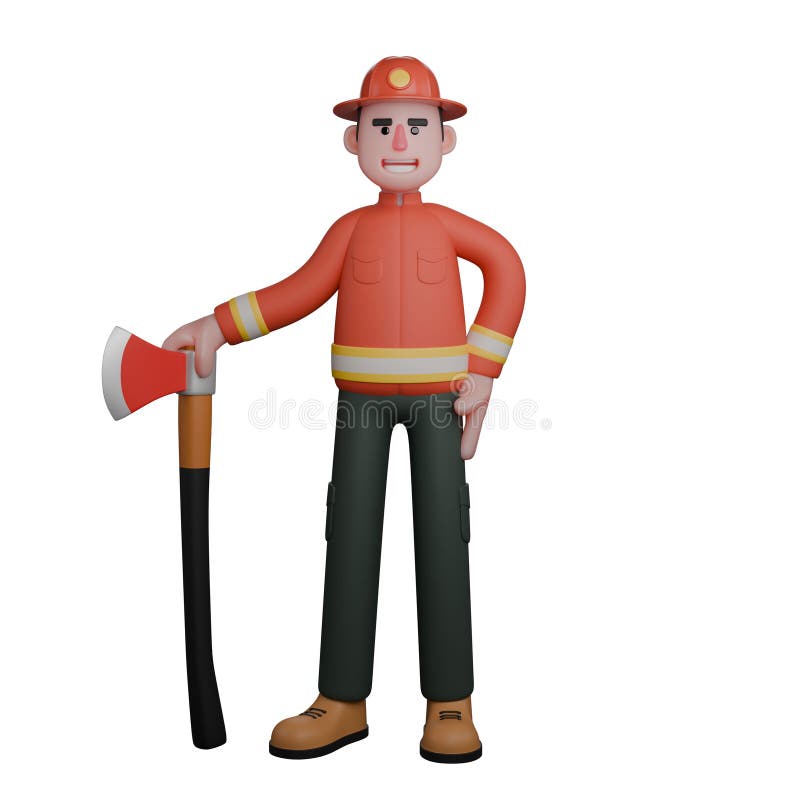A firefighter stands confidently while holding a firefighter\'s axe vector illustration
