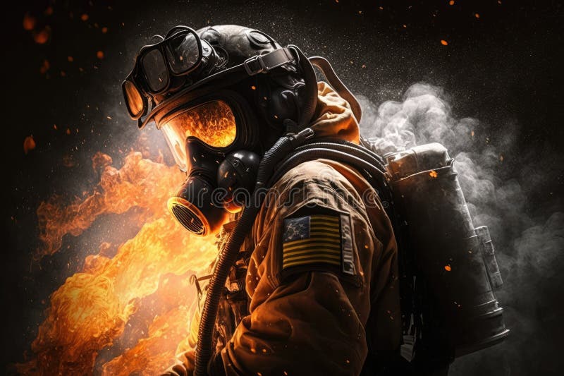 Firefighter searching for possible survives. Generative AI royalty free illustration