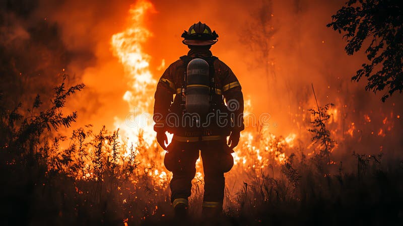 A firefighter stands against a backdrop of a raging wildfire, showcasing bravery and urgency royalty free illustration