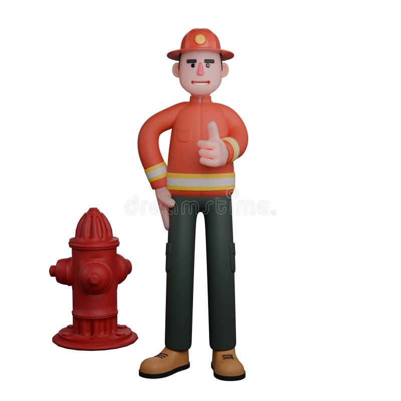 A firefighter stands confidently beside a red hydrant royalty free illustration