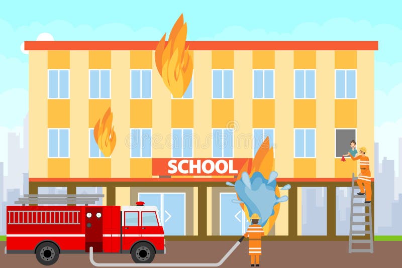 Firefighters Extinguish a Burning Building. Firefighters on a Fire Truck Extinguish the School Building with Water Stock Illustration - Illustration of cartoon, family: 131670536 Firefighters Extinguish a Burning Building. Firefighters on a Fire Truck Extinguish the School Building with Water Stock Illustration - Illustration of cartoon, family: 131670536