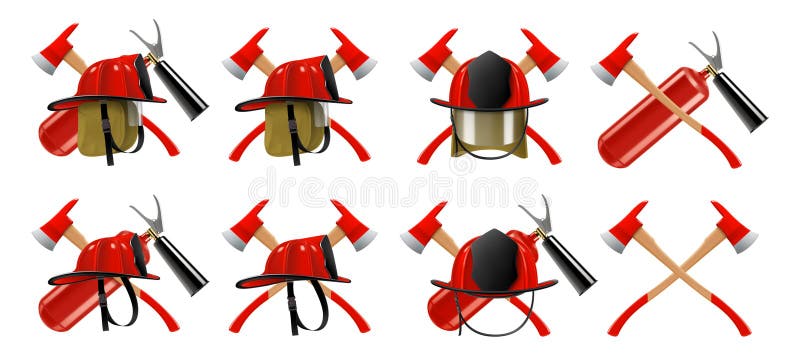 Firefighting, fire protection equipment, fire extinguisher, emergency signs. Flame fighting tools - helmet or fire hat, ax, harpoon. Realistic 3d vector illustration set.