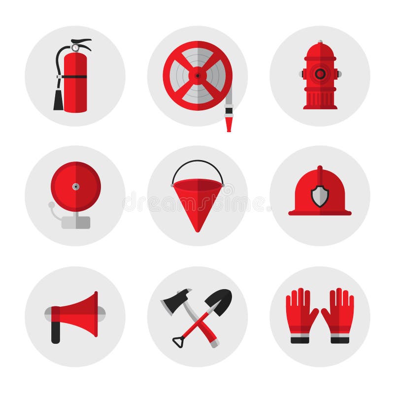 Firefighting and fire safety equipment flat icons. Fire extinguisher, hose reel, hydrant, ringing alarm bell, metal fire bucket, helmet, megaphone, shovel and ax, gloves. Vector illustration