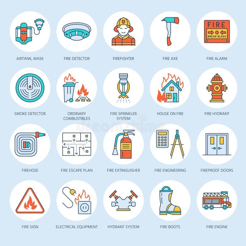 Firefighting, fire safety equipment flat line icons. Firefighter, fire engine extinguisher, smoke detector, house royalty free illustration Firefighting, fire safety equipment flat line icons. Firefighter, fire engine extinguisher, smoke detector, house royalty free illustration