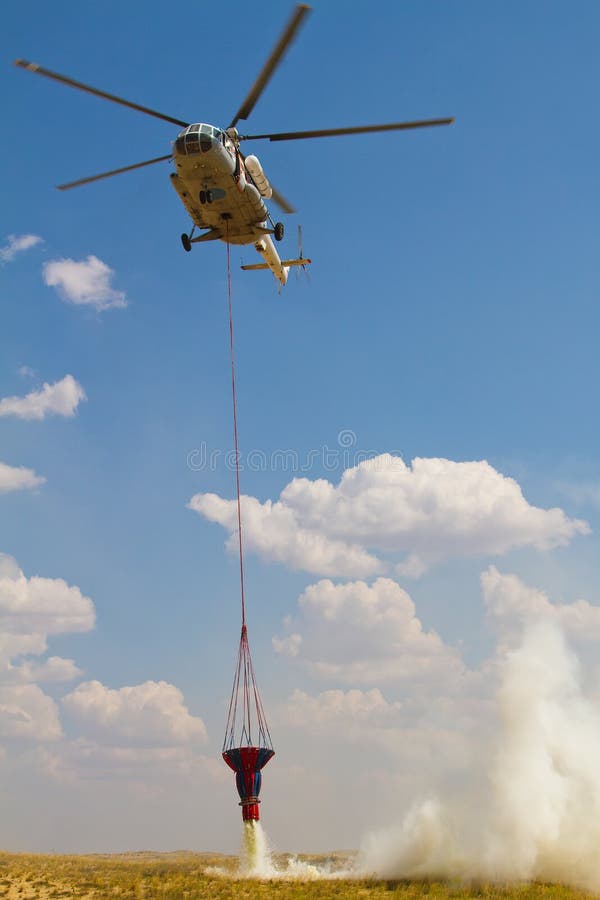 Firefighting Helicopter with Fire Bucket Flies Stock Photo Image of