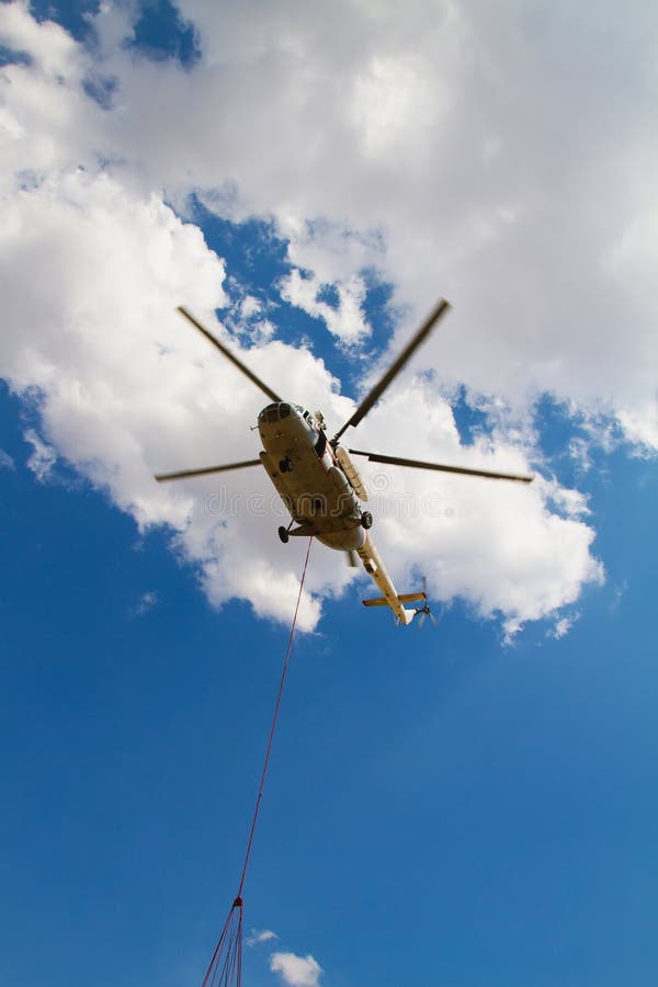Firefighting Helicopter with Fire Bucket Flies Stock Photo Image of