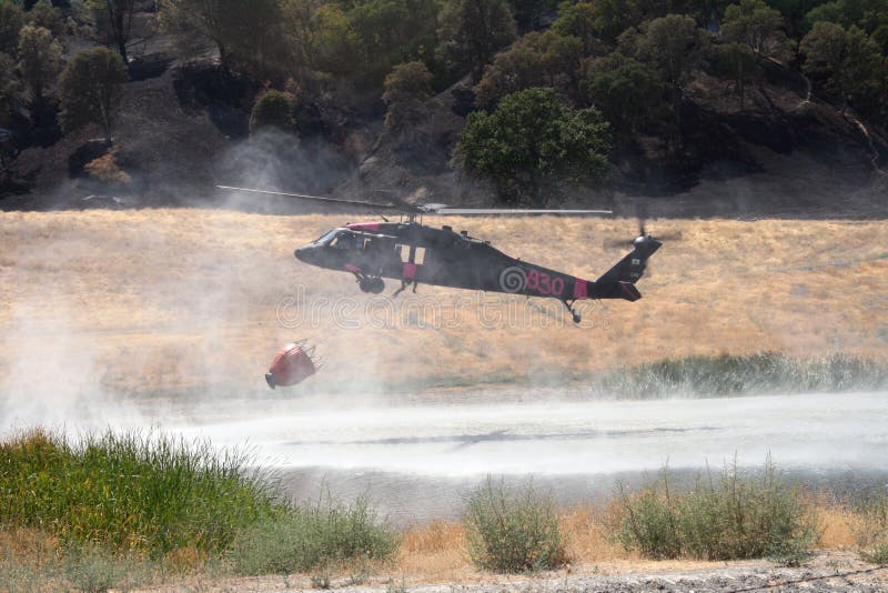 Firefighting Helicopter Refills Water Bucket Stock Image Image of