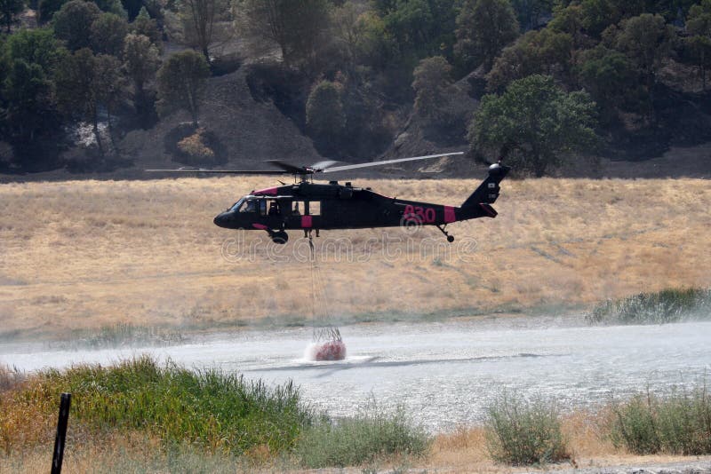 Firefighting Helicopter Refills Water Bucket Stock Image Image of