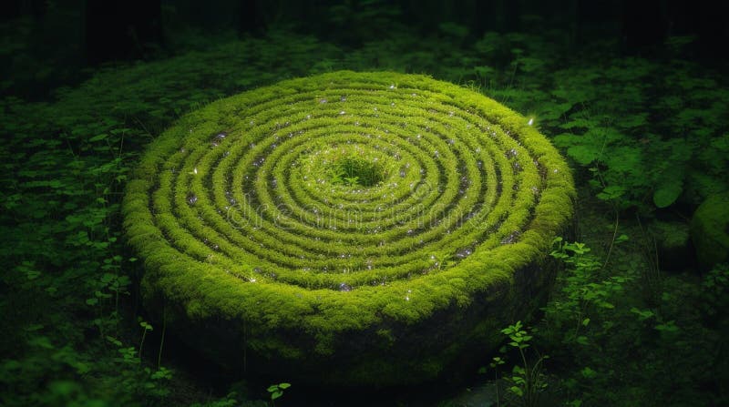 Fireflies forming a spiral pattern around a moss-covered rock.