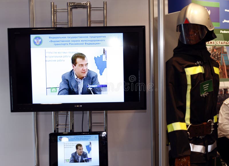 MOSCOW - FEBRUARY 16: Fireman. Russian President Medvedev presented at the International Exhibition Security and Safety Technologies February 16, 2011 in Moscow.