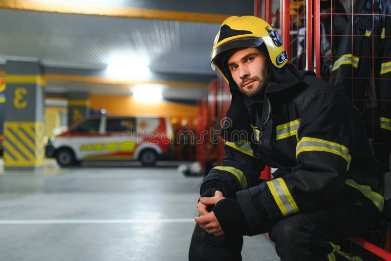 Fireman sitting on bench at fire station royalty free stock images