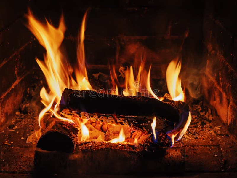 Fireplace with Birch Firewood and Flame. Stock Image - Image of